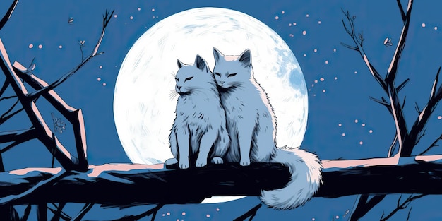 AI généré AI génératif Deux chats assis la nuit devant la lune ensemble Amour romantique