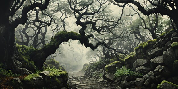 Photo ai généré ai génératif horreur effrayante mauvais sombre gothique halloween forêt jungle branche d'arbre tordue