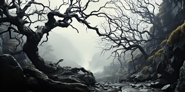 AI généré AI génératif Horreur effrayante mauvais sombre gothique halloween forêt jungle branches d'arbres tordues décoration arrière-plan Art graphique Illustration