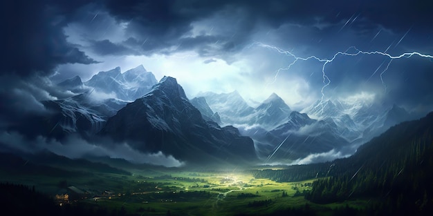 AI généré AI génératif Nature extérieure paysage de montagne arrière-plan aventure nuage strom météo pluie Art graphique Illustration