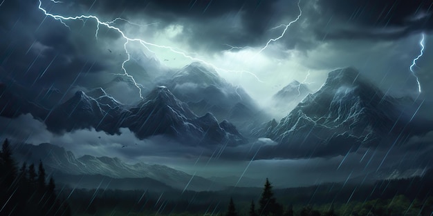 Photo ai généré ai génératif nature extérieure paysage de montagne arrière-plan aventure nuage strom météo pluie art graphique