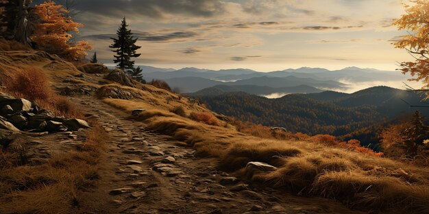 AI généré AI génératif Nature en plein air chemin de colline de roche de montagne à travers la forêt au coucher du soleil Voyage d'aventure explorer Voyage de randonnée Art graphique