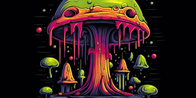 AI généré AI génératif Neon lumière lumineux dessin peinture encre art champignon dans le style psychédélique