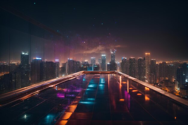 AI généré AI génératif Nuit au-dessus de l'air drone aérien panoramique ville gratte-ciel urbain ville terres