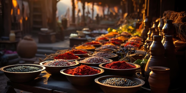 AI généré AI génératif Produits d'épices traditionnels arabes indiens asiatiques marocains au marché domestique du jour magasin boutique bazzar Produit biologique sain Art graphique Illustration