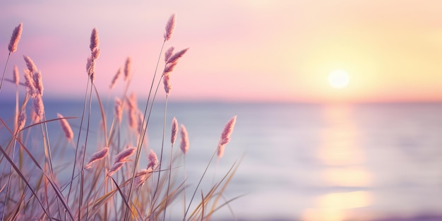 AI généré AI génératif Tige d'herbe rose et pourpre sur fond d'eau de mer du lac