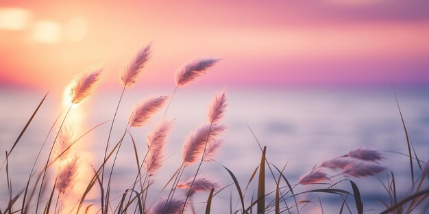 AI généré AI génératif Tige d'herbe rose et pourpre sur fond d'eau de mer du lac