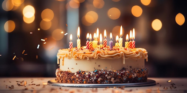 AI généré AI génératif Torte de fête d'anniversaire torte cuite à la main désert sucré cuit à la main avec beaucoup de bougies lumineuses Vibe amusant heureux Illustration d'art graphique