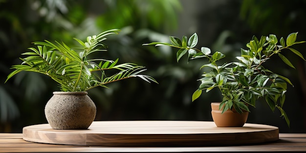 Photo ai généré ai génératif verts fraîches belles plantes à fleurs sur table en bois et mur mock up modèle décoratif art graphique