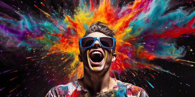 AI généré AI génératif Vibrant multi couleur explosion holi poudre boom avec portrait d'homme beau dans des lunettes de soleil Art graphique