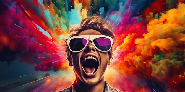 AI généré AI génératif Vibrant multi couleur explosion holi poudre boom avec portrait d'homme beau dans des lunettes de soleil Illustration d'art graphique