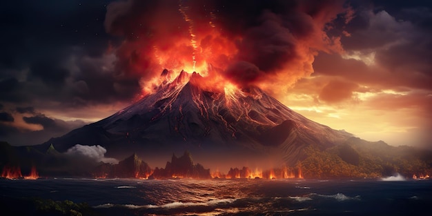 Photo ai généré ai génératif volcan fumée feu explosion flamme éruptionxun fond de nature extérieure active art graphique