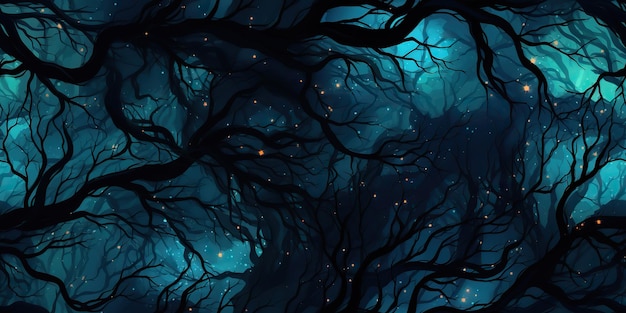AI généré AI Generative Branches de forêt d'arbres de couleur bleu aigue-marine foncé très effrayantes et effrayantes