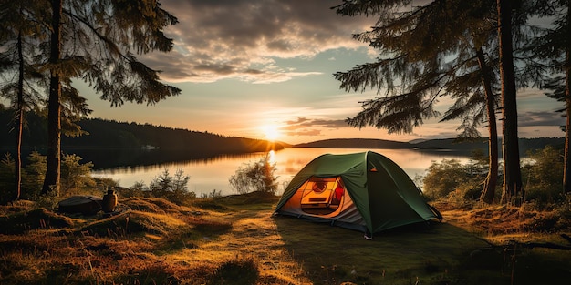 AI généré AI Generative Camping tente de temps de détente au bord d'un lac magnifique paysage