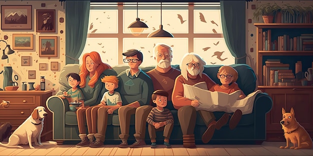 AI Généré AI Generative Cartoon style confortable maison grande famille illustration Bonne ambiance vacances