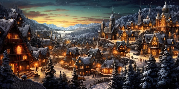 AI généré AI Generative Cartoon village Noël Noël Nouvel An maisons de neige