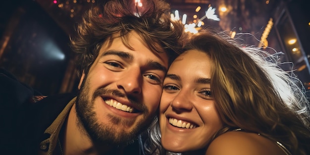 AI généré AI Generative Couple d'amoureux homme et femme célébrant le Nouvel An Joyeux Noël nuit