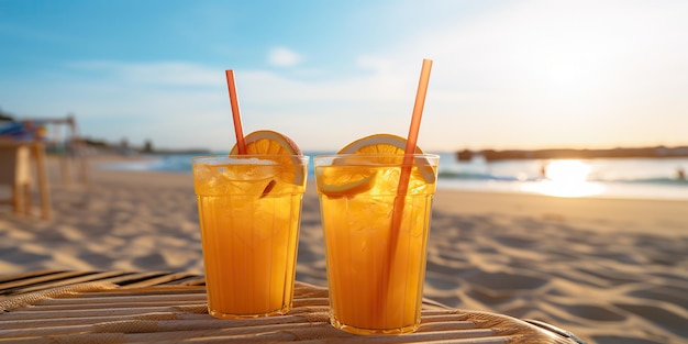 AI généré AI Generative Deux jus jaune orange lors d'un voyage de vacances relaxant Plage de sable et de mer