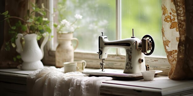 Photo ai généré ai generative machine à coudre rétro vintage sur fenêtre avec fleurs décoratives