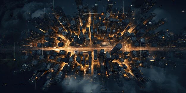 AI Généré AI Generative Night au-dessus de l'air drone aérien ville panoramique gratte-ciel urbain ville
