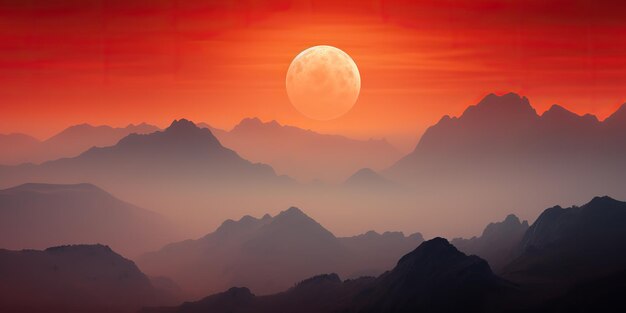 AI généré AI Generative Paysage extérieur nature minimaliste avec montagnes collines et pleine lune en rouge style rétro vintage Illustration d'art graphique