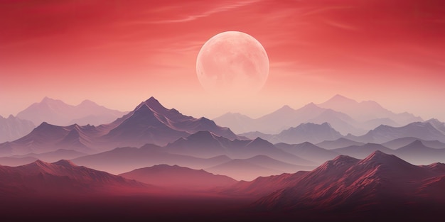 AI généré AI Generative Paysage extérieur nature minimaliste avec montagnes collines et pleine lune en rouge style rétro vintage Illustration d'art graphique