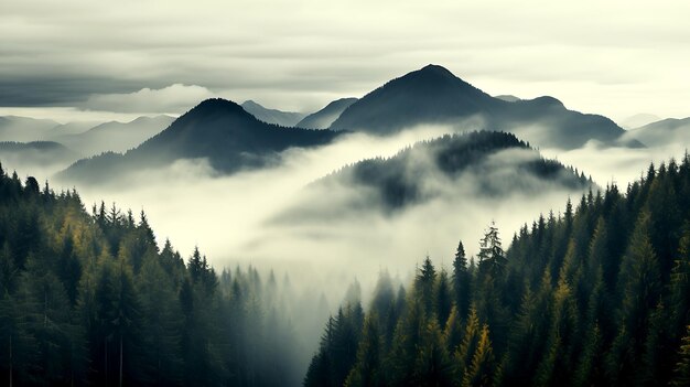 AI généré AI Generative Photo illustration réaliste des montagnes forêt brouillard matin mystique Art graphique