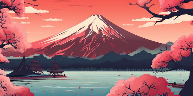 AI Généré AI Generative Retro Vintage gravure illustration de l'ambiance Japan Fuji Mountain Adventure