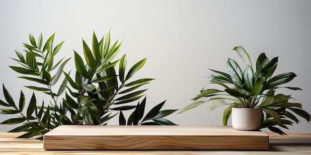 Photo ai généré ai generative vert frais belles plantes à fleurs sur table et mur en bois maquette modèle décoratif illustration d'art graphique