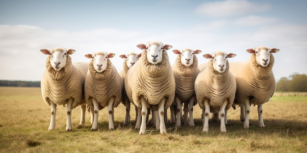 AI généré AI Groupe génératif de moutons debout sur un terrain en herbe regardant la caméra