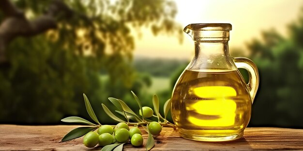 AI généré AI huile d'olive générative sur fond en bois table nature extérieur maquette
