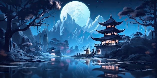 AI généré asiatique chinois dessin animé style bleu couleurs pagode temple tour paysage AI génératif