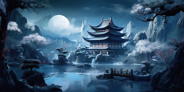 AI généré asiatique chinois dessin animé style bleu couleurs pagode temple tour paysage AI génératif