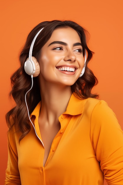 Photo ai a généré une belle femme souriante portant des écouteurs orange clair