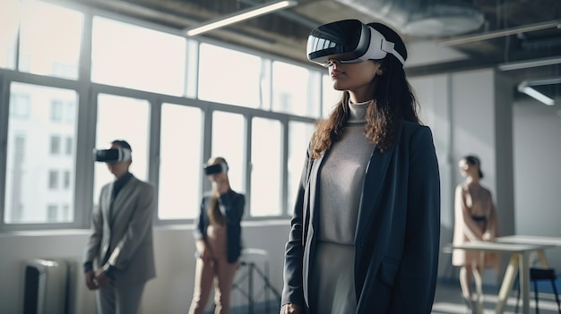 Ai a généré un employé de bureau d'illustration travaillant avec une jeune femme de réalité virtuelle testant des lunettes VR