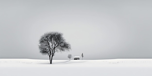 Ai a généré une illustration d'un arbre d'hiver et d'un chalet dans une terre gelée blanche