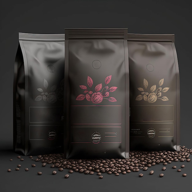 Ai généré Illustration gros plan de 3 paquets de grains de café