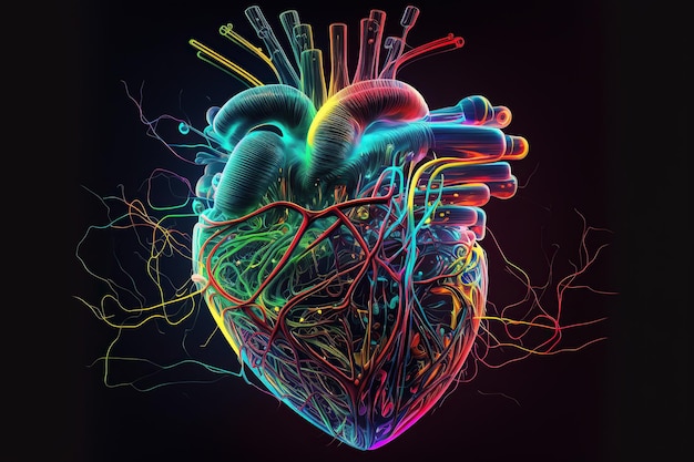 Ai généré illustration lumière néon anatomie cœur sur fond noir