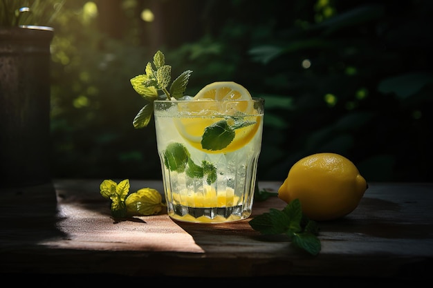 Ai a généré une illustration de la mise au point sélective d'un verre avec de la glace et du citron sur une table