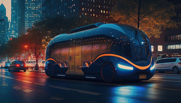 Ai a généré une illustration de taxis futuristes bleus sur la route conduisant dans la ville futuriste