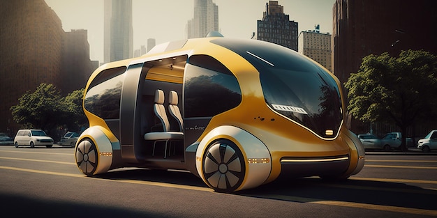 Ai a généré une illustration de taxis futuristes jaunes sur la route conduisant dans la ville futuriste
