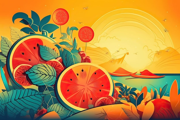 Ai a généré une illustration tendance et colorée de l'été avec des fruits juteux