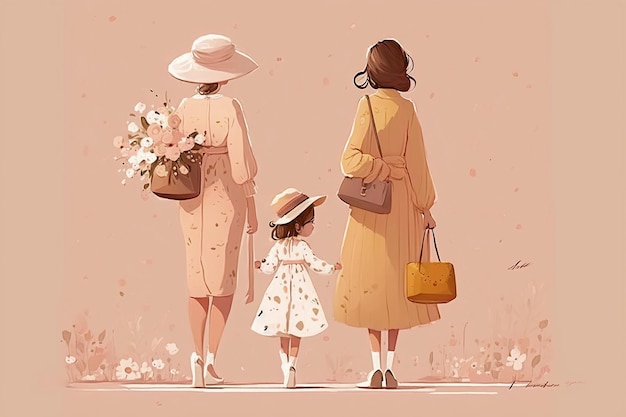 Ai a généré une illustration de la vue arrière d'une mère et de ses filles élégantes marchant debout