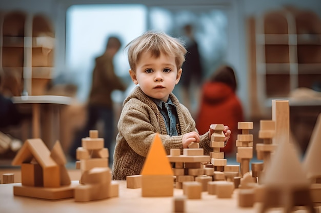 Ai a généré un mignon petit enfant jouant dans le centre de développement pour enfants montessori