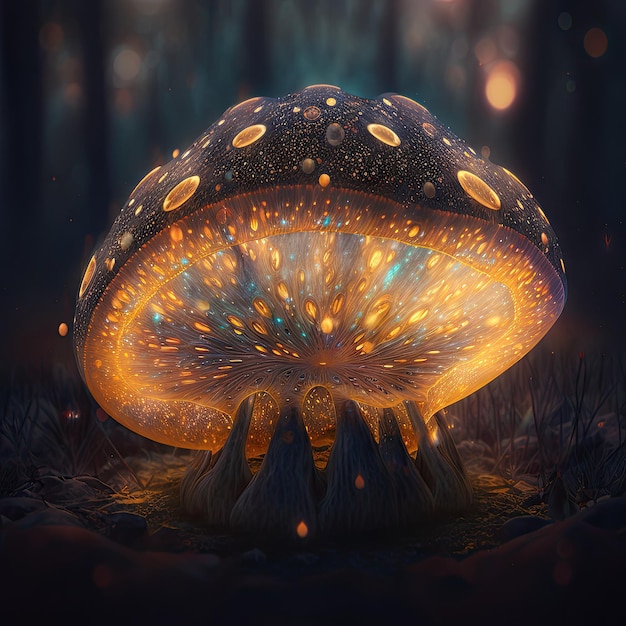 Ai généré par une planète extraterrestre champignon trippy avec des spores volantes et lumineuses bokeh champignon magique brillant la nuit avec des spores volantes champignons trippy fantastiques ou plantes lumineuses forestières de planètes extraterrestres