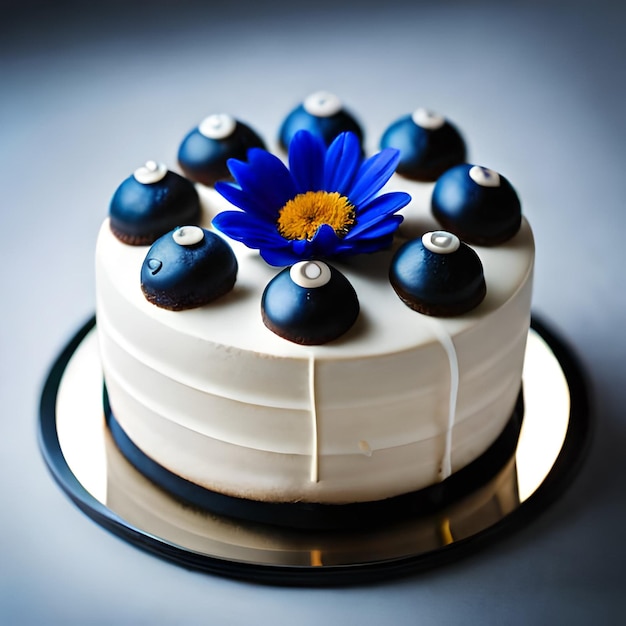 Ai a généré une photo d'un morceau de gâteau avec une fleur bleue et blanche dessus