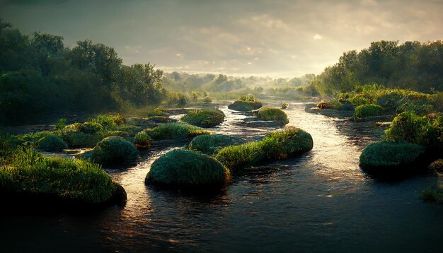 AI génère une photo de la vue sur la rivière avec une heure de coucher du soleil