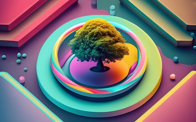 AI a généré un rendu 3D d'un arbre coloré dans un cercle de lumière au néon