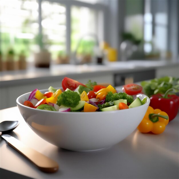 ai généré une salade colorée avec des légumes sur une plaque blanche arrière-plan flou