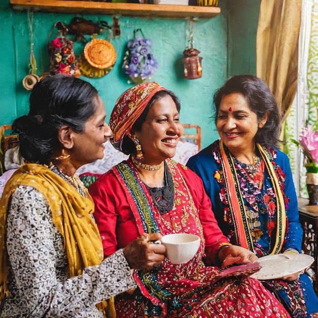 Photo ai a généré trois femmes différentes cultivées parlant avec un visage heureux